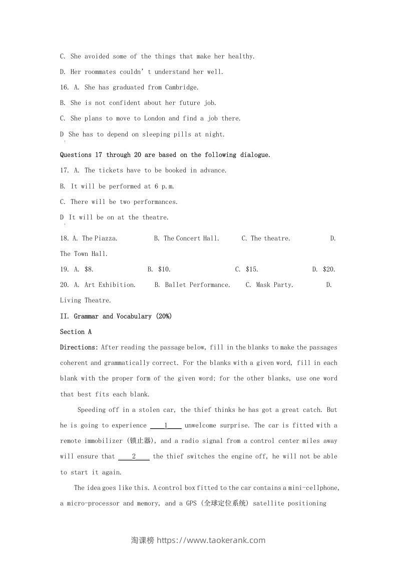 图片[3]-2021-2022学年上海市金山区高三上学期期中英语试题及答案(Word版)-淘课榜