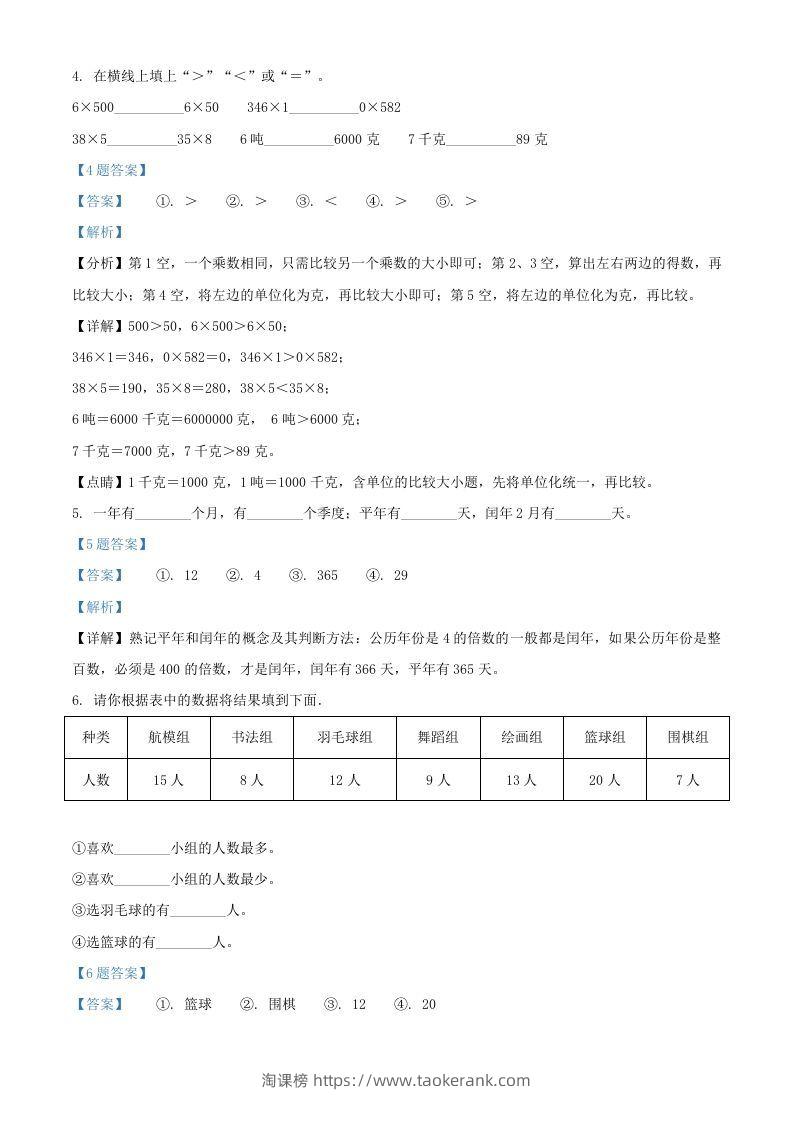 图片[3]-2020-2021年江苏苏州市吴江区苏教版三年级下册期末数学试卷及答案(Word版)-淘课榜