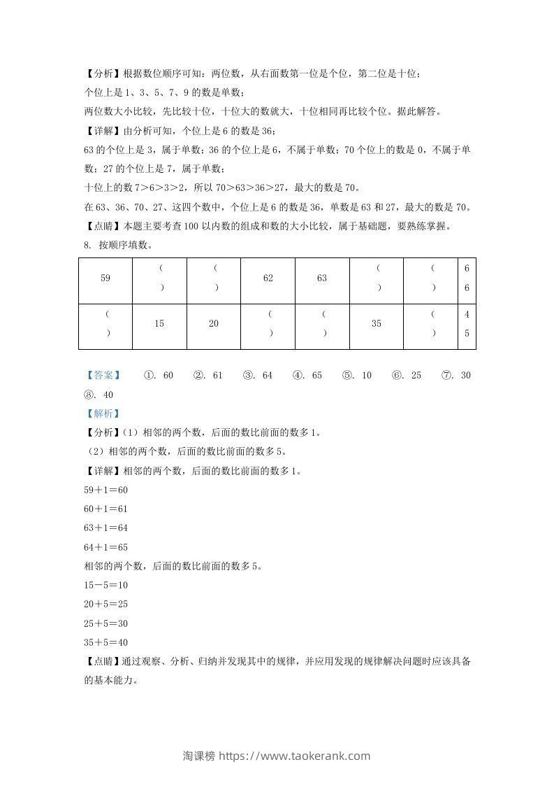 图片[3]-2020-2021学年江苏省徐州市铜山区一年级下册数学期中试题及答案(Word版)-淘课榜
