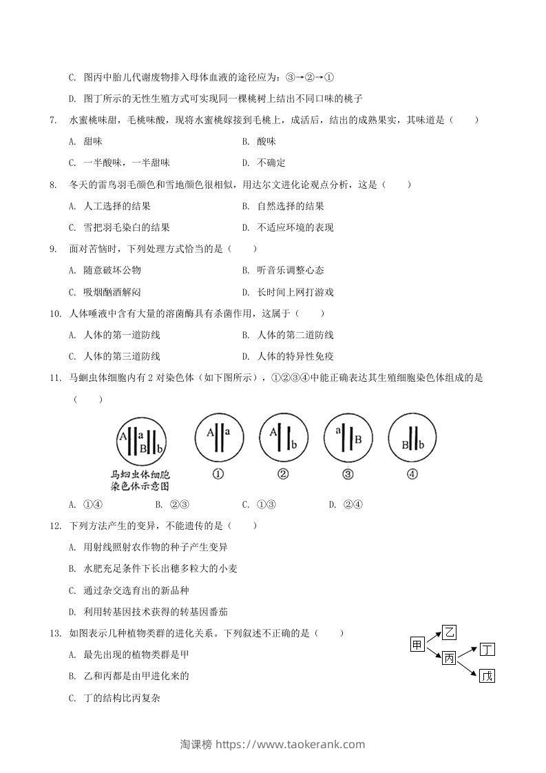 图片[2]-2020-2021学年山西省临汾市襄汾县八年级下学期期末生物试题及答案(Word版)-淘课榜