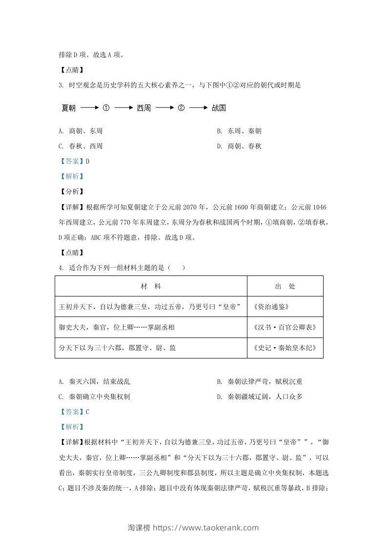 图片[2]-2021-2022学年山东省济南市历城区九年级上学期历史期末试题及答案(Word版)-淘课榜