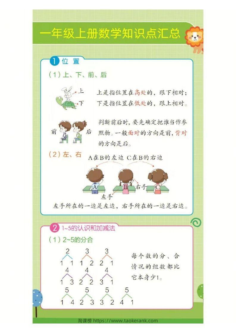 ❤一年级上册数学知识点汇总RJ-淘课榜