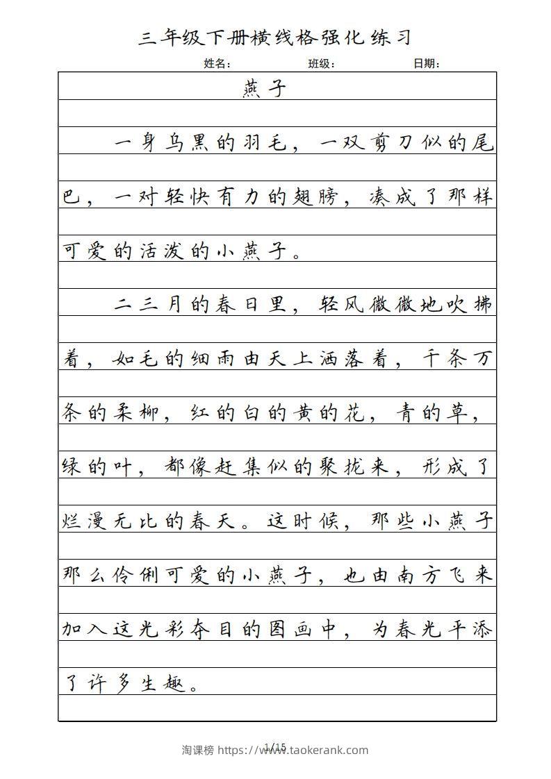 三年级语文下册横线格（部编版）-淘课榜