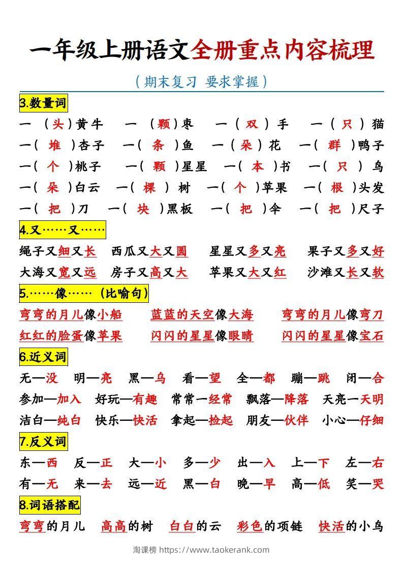 图片[2]-【全册重点知识点汇总】一上语文-淘课榜
