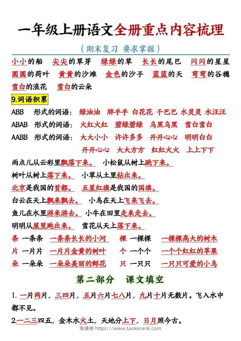 图片[3]-【全册重点知识点汇总】一上语文-淘课榜