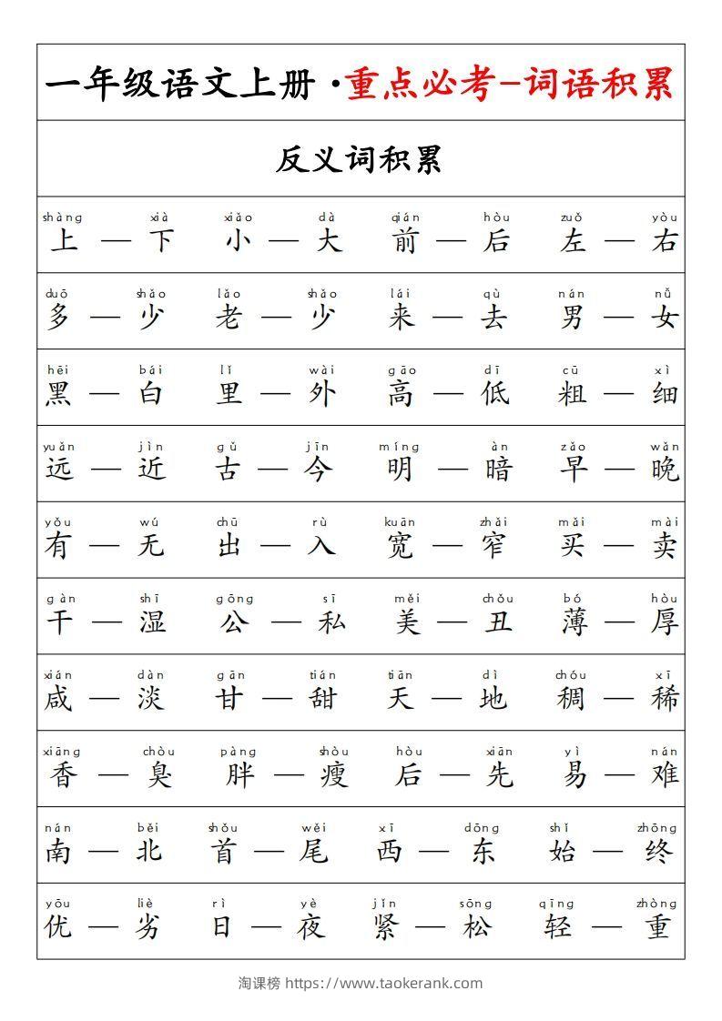 【重点必考词语积累】一上语文-淘课榜