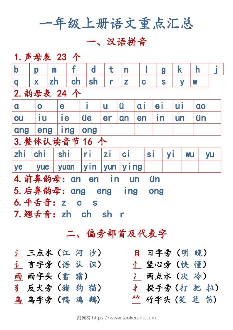 【语文知识点重点汇总】一上-淘课榜