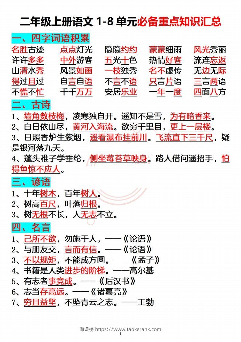 【必备重点知识汇总】二上语文-淘课榜