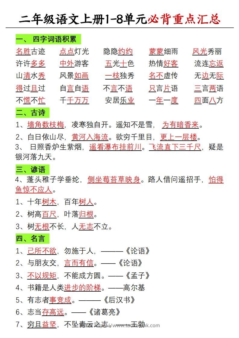 【单元必备重点知识汇总】二上语文-淘课榜