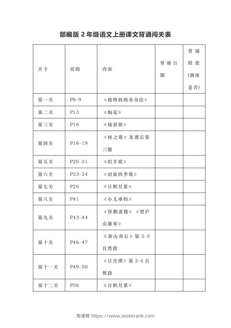 部编版二年级上册语文背诵课文内容及闯关表-淘课榜