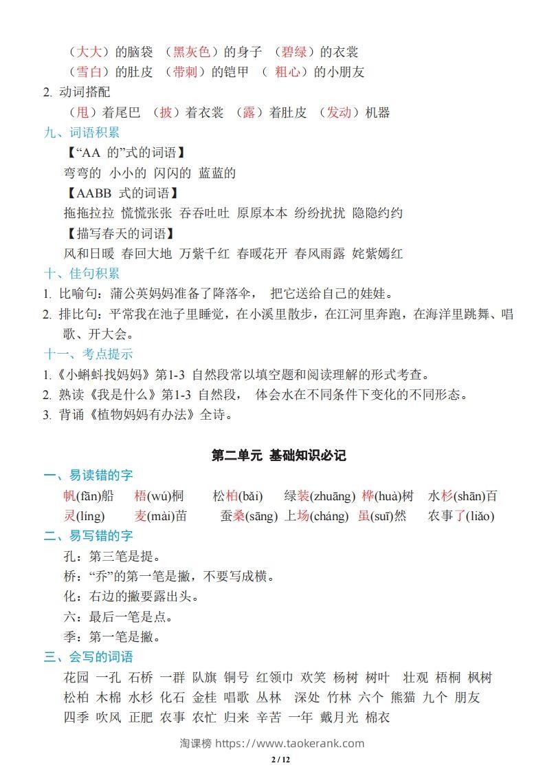 图片[2]-二年级上册语文：单元《基础知识必记》-淘课榜