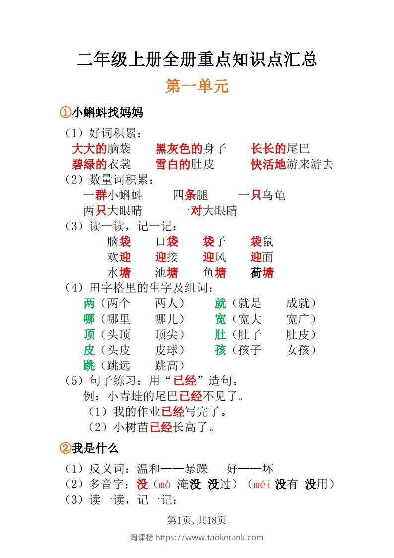 二年级上册语文全册每课重点知识点-淘课榜