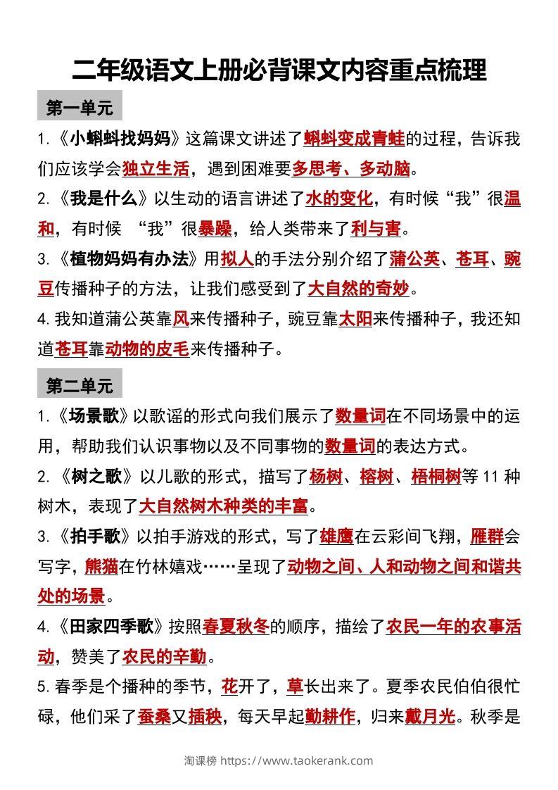 二年级语文上册必背课文内容重点梳理-淘课榜