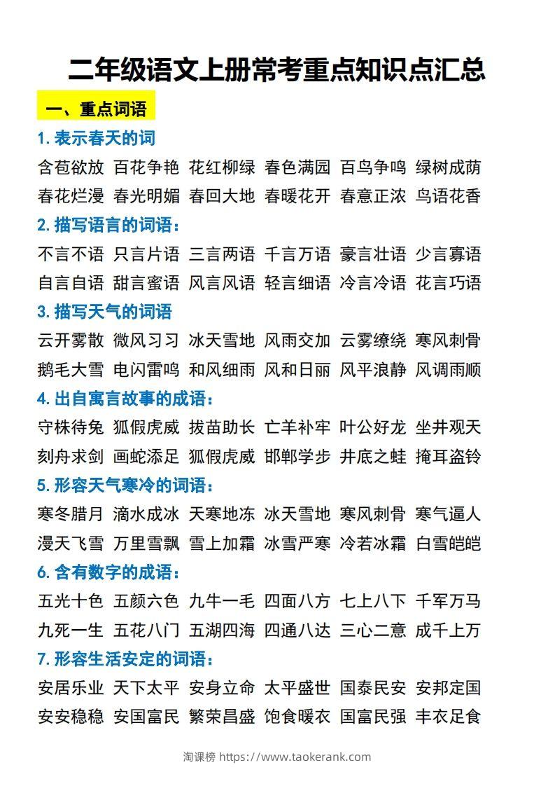 二年级语文上册常考重点知识点汇总必背-淘课榜