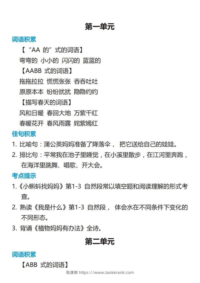 二年级语文上册词语归类积累课文佳句汇总-淘课榜