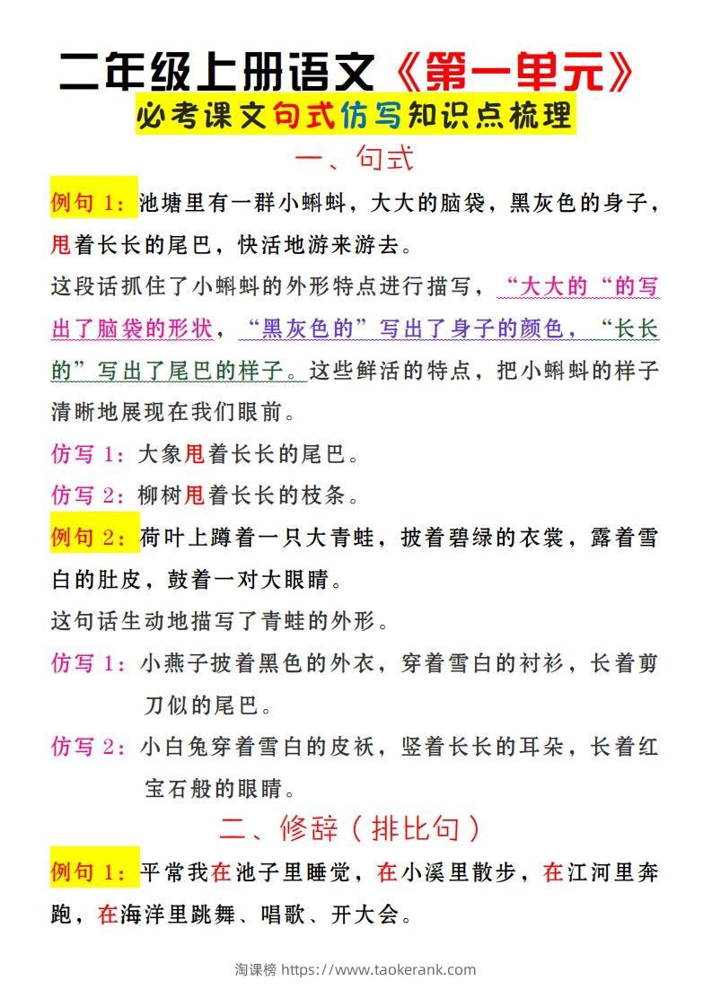 二上语文《第一单元》必考仿写句子-淘课榜