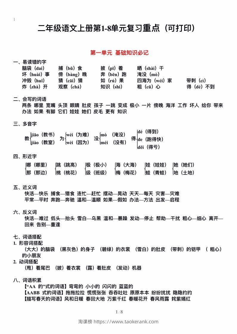二上语文单元期末复习重点-淘课榜