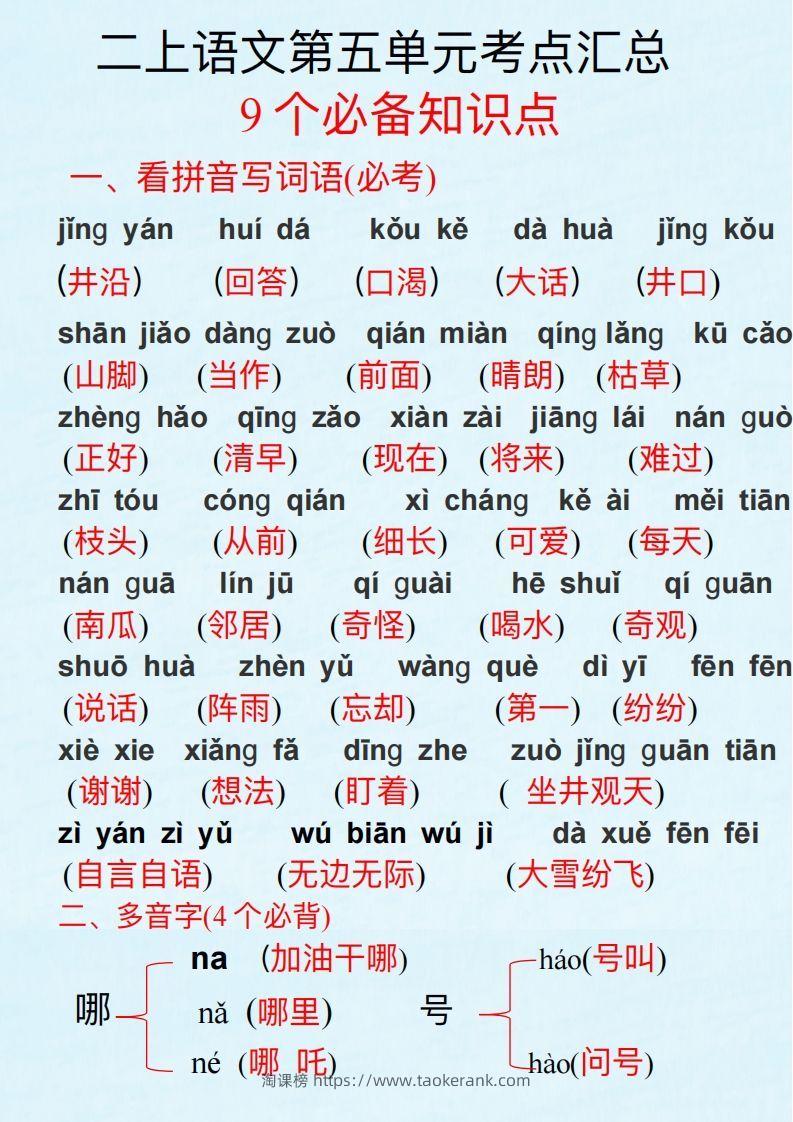 二上语文第五单元考点汇总-淘课榜