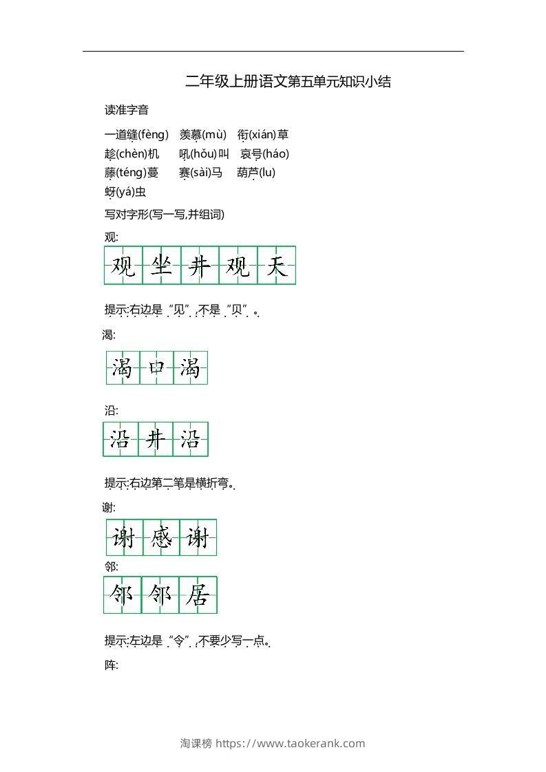 二上语文第五单元知识重点-淘课榜