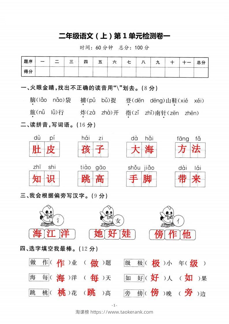 二上语文第一单元检测卷（一）-淘课榜