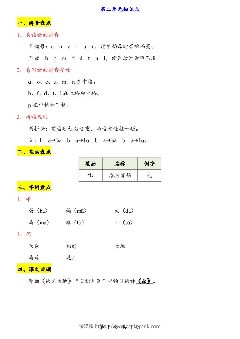 【24新教材】一上语文第2单元知识点梳理-淘课榜
