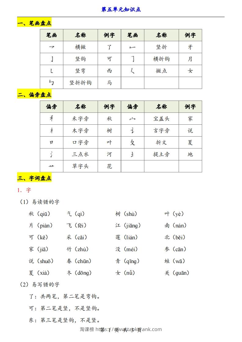 【24新教材】一上语文第5单元知识点梳理-淘课榜