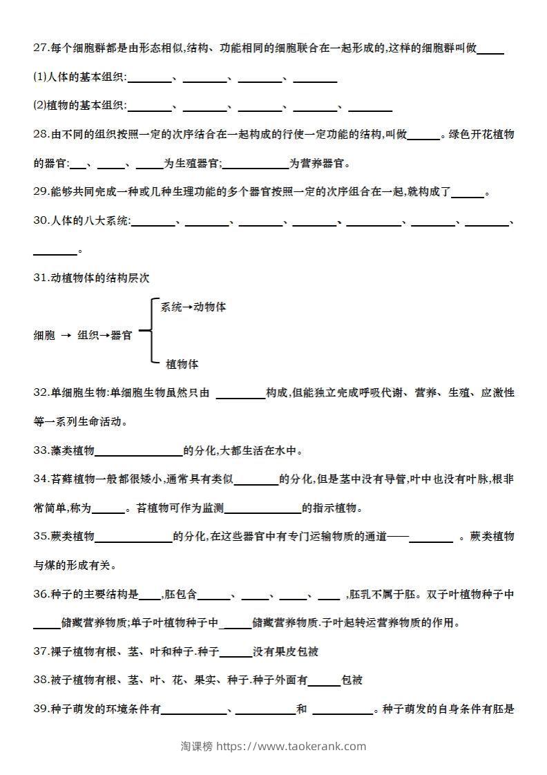 图片[3]-七上生物全册知识点填空72题（空白）-淘课榜