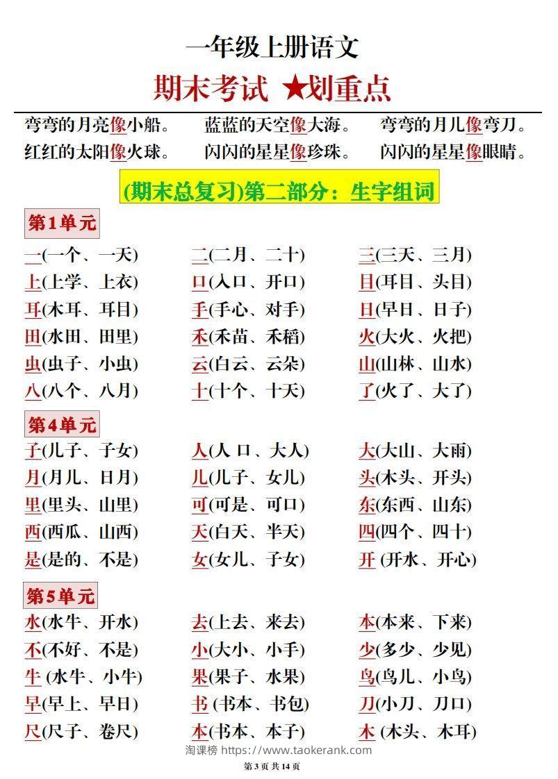 图片[3]-一年级上册语文期末考试划重点-淘课榜