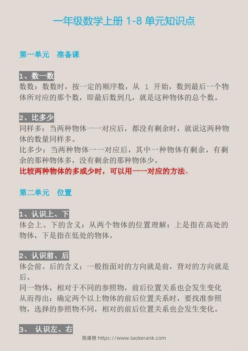 【一上】数学必背汇总-淘课榜
