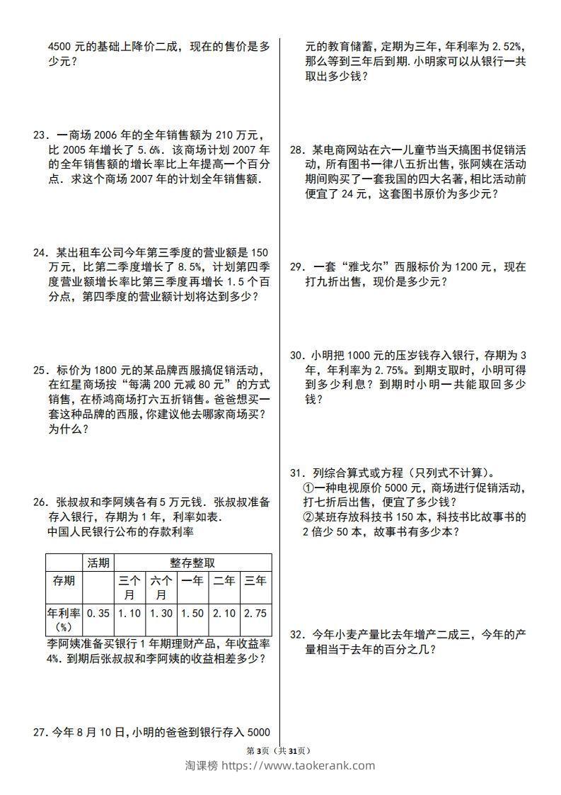 图片[3]-六年级数学上册百分数应用题60题-淘课榜