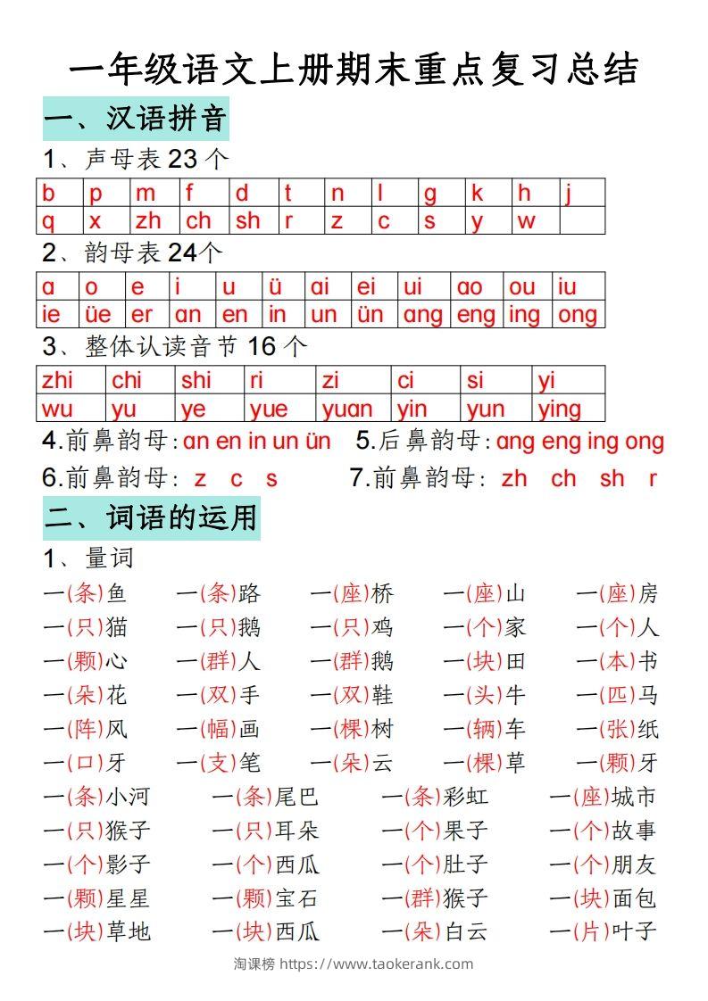 一年级语文上册期末重点复习总结-淘课榜