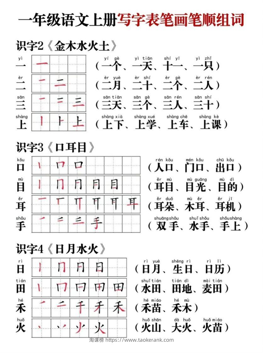 一年级语文上册写字表笔画笔顺组词-淘课榜