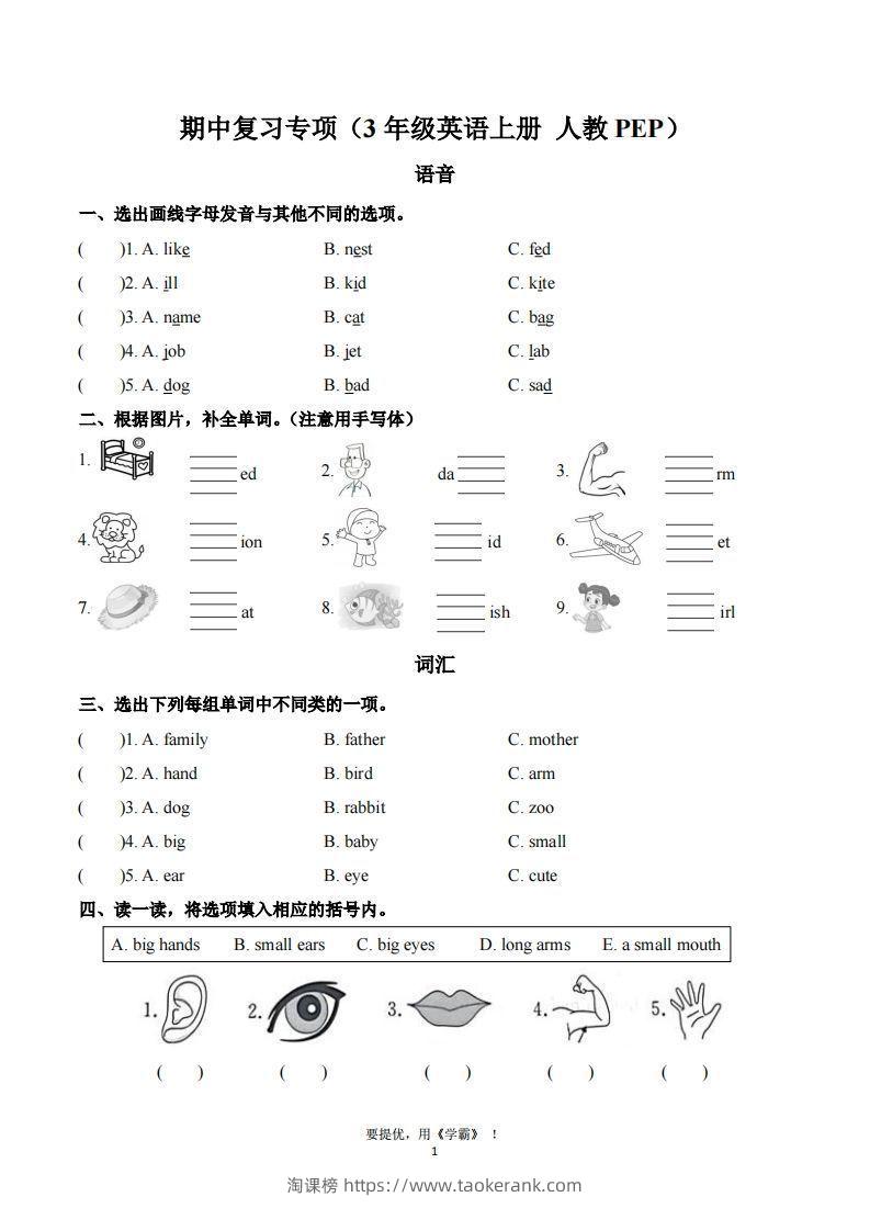 期中复习专项（三上英语人教版）-淘课榜