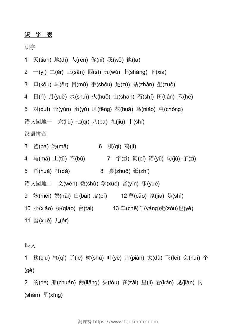 部编版小学一年级语文上册生字表(注音)-淘课榜