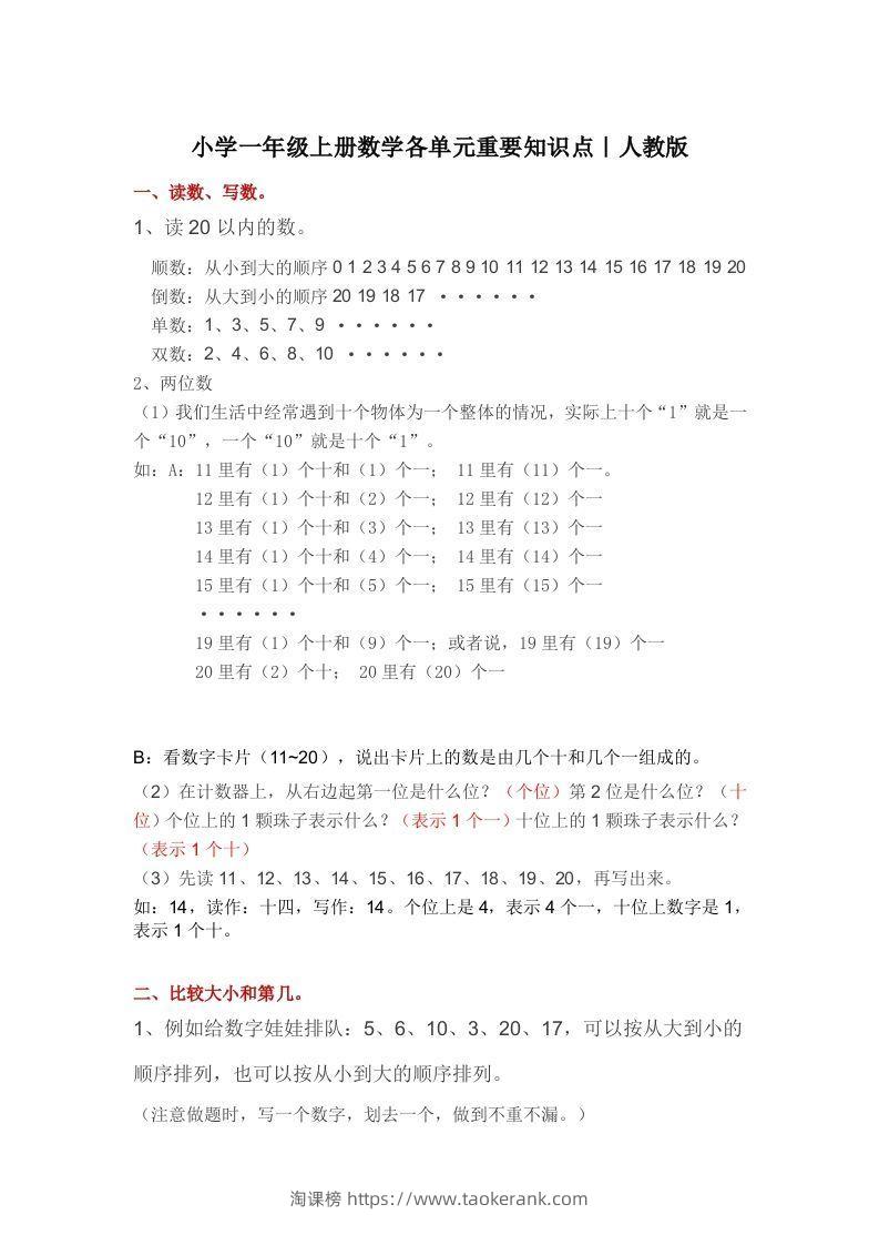 人教版一年级数学上册概念知识点整理-淘课榜