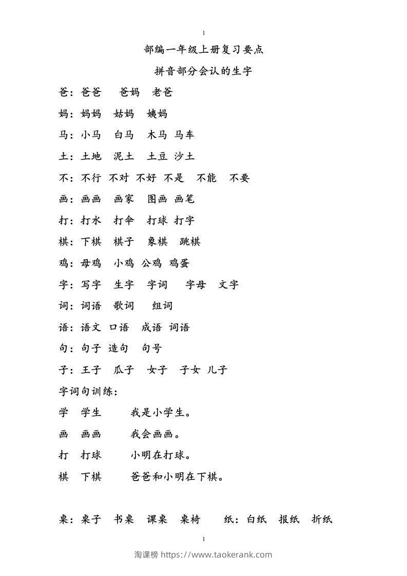 部编版一年级语文上册复习知识点汇总-淘课榜