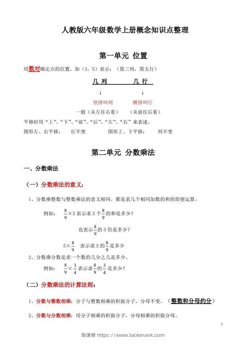 人教版六年级数学上册概念知识点整理-淘课榜