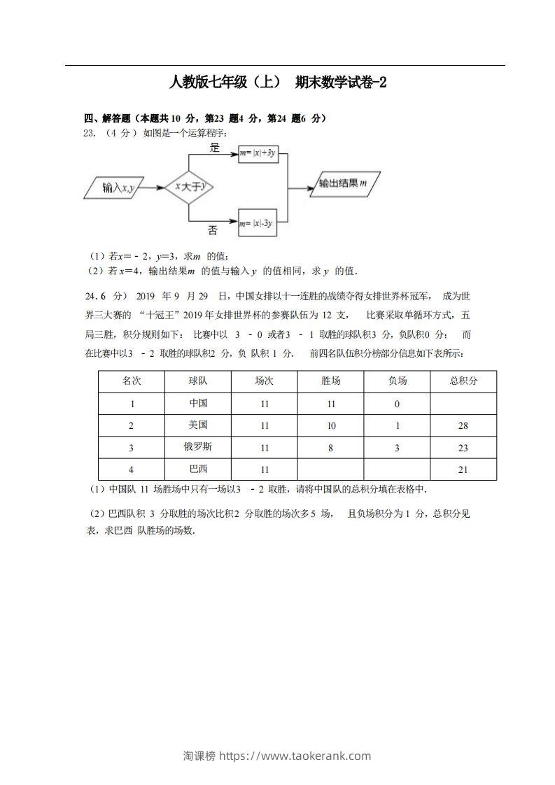 七年级（上）数学期末试卷4-2卷人教版-淘课榜