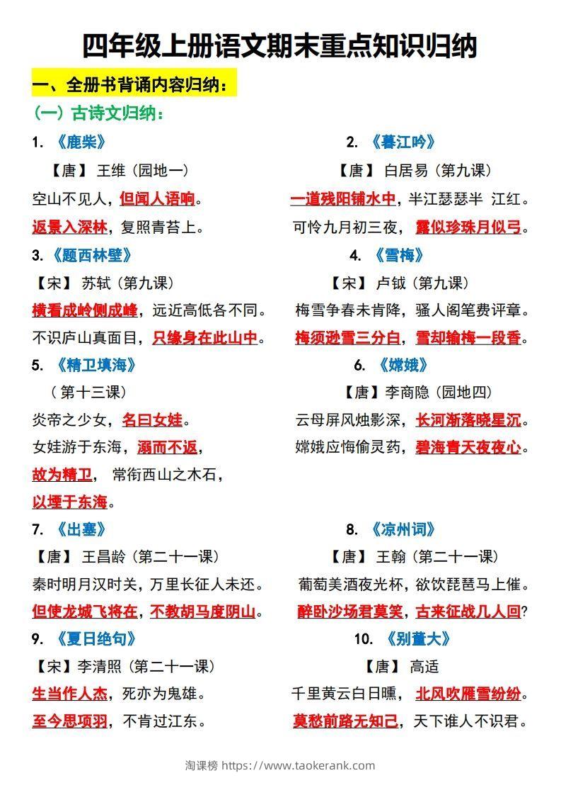 四上语文全册重点知识汇总-淘课榜