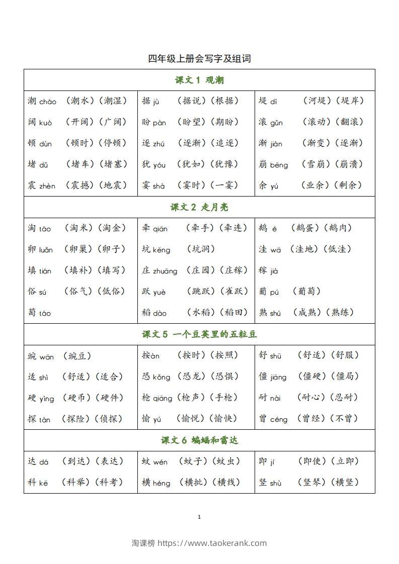 四（上）语文写字表生字组词-淘课榜