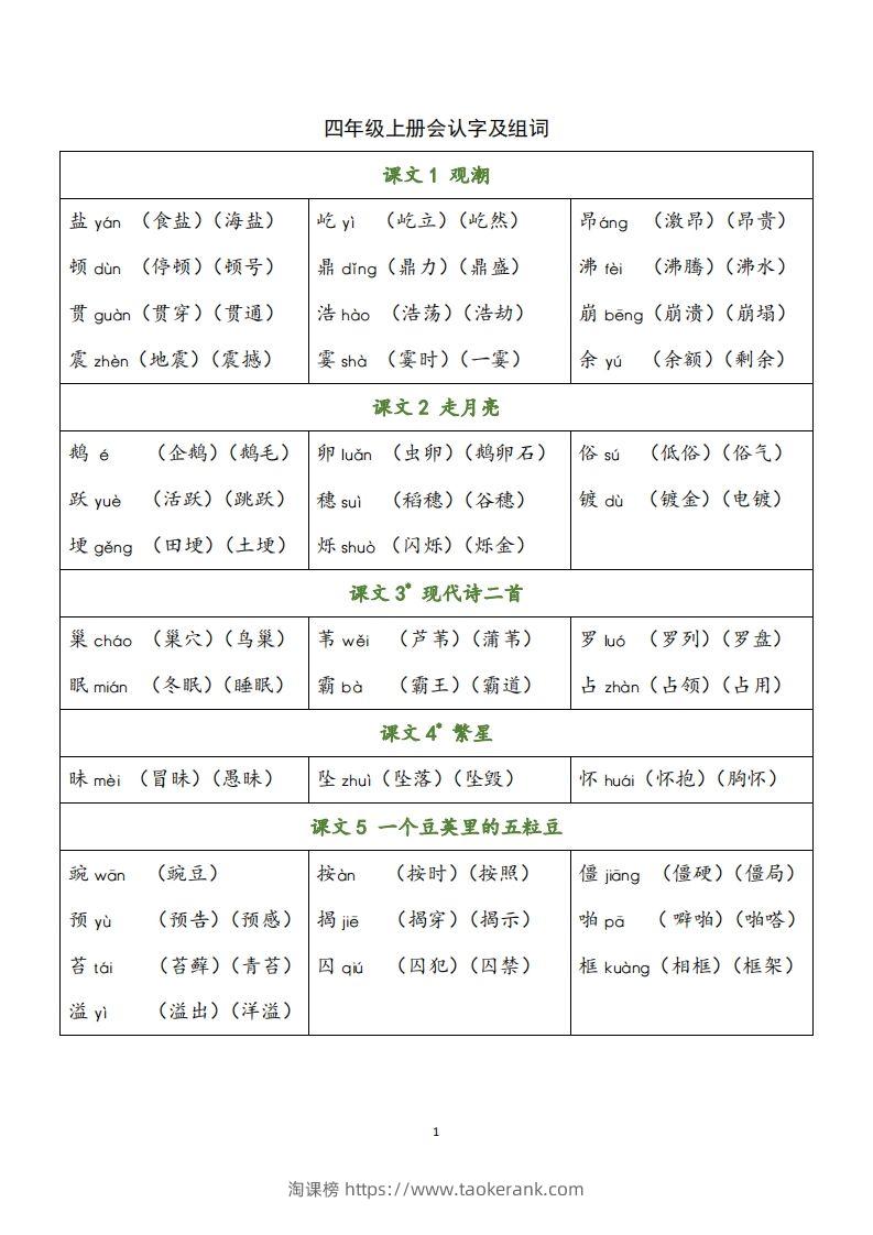 四（上）语文识字表生字组词-淘课榜