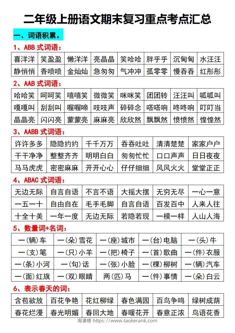 二年级上册语文期末复习重点考点汇总-淘课榜
