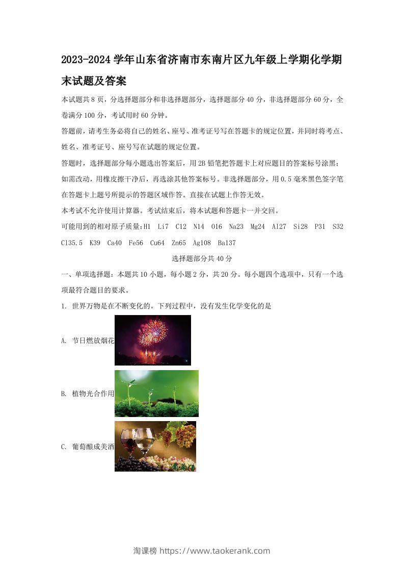 2023-2024学年山东省济南市东南片区九年级上学期化学期末试题及答案(Word版)-淘课榜