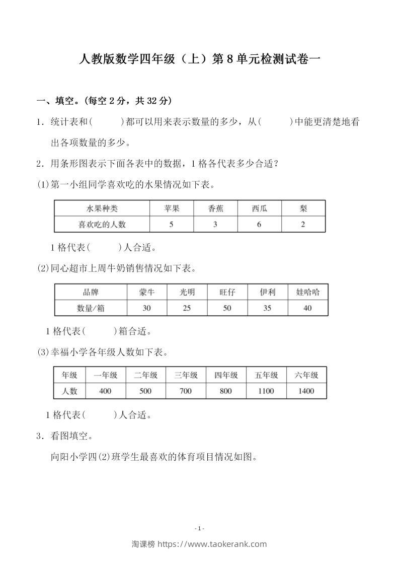 四（上）人教版数学第八单元检测试卷一-淘课榜