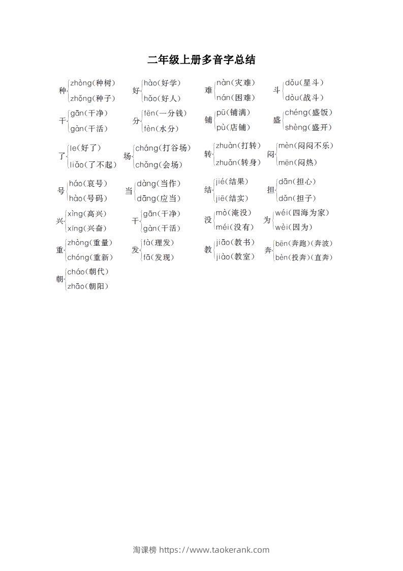 二（上）语文期末：多音字汇总-淘课榜