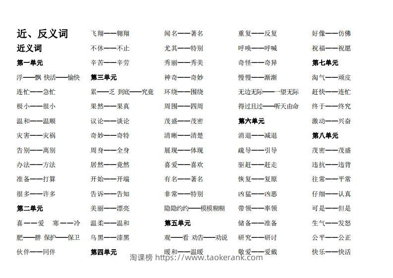 二（上）语文期末：近反义词汇总-淘课榜