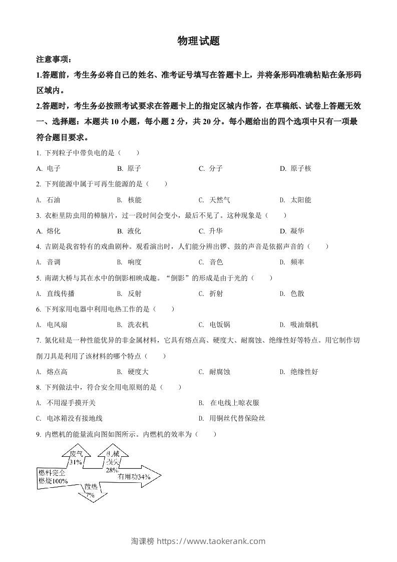 2022年吉林省长春市中考物理试题（空白卷）-淘课榜