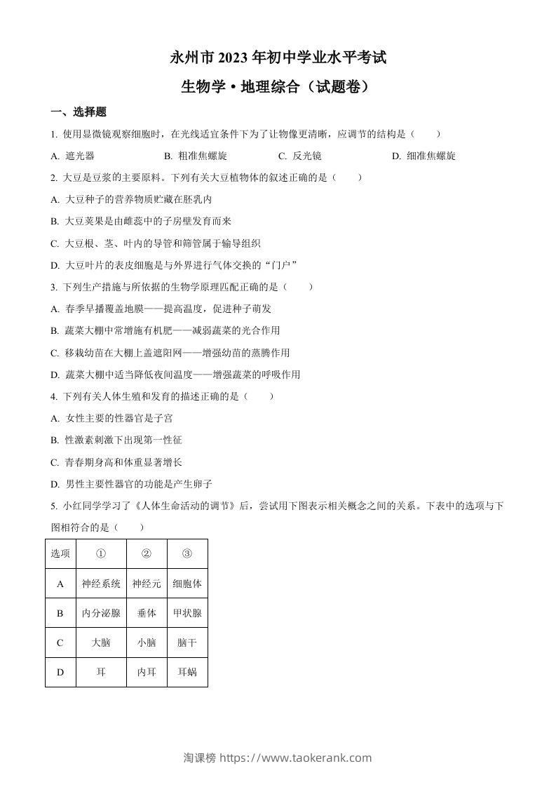 2023年湖南省永州市中考生物真题（空白卷）-淘课榜