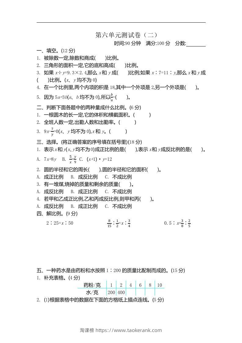 六下苏教版数学第六单元测试卷-2-淘课榜