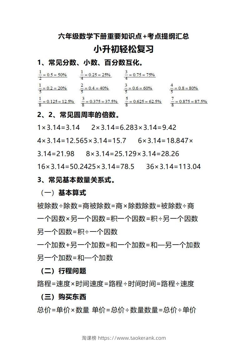 六下数学重要知识点+考点提纲汇总(1)-淘课榜